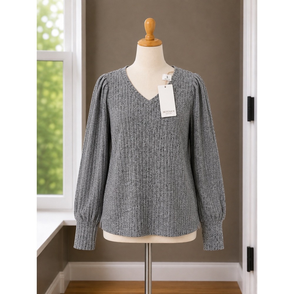 Womens Gray Ribbed Knit V-Neck Puff Sleeve Blouse Size Large NWT Grandmacore Top